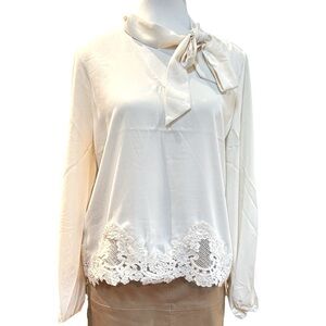 Joie Elegant Front Tie Lace Hem Cream Blouse with Lace Hem - Size Small